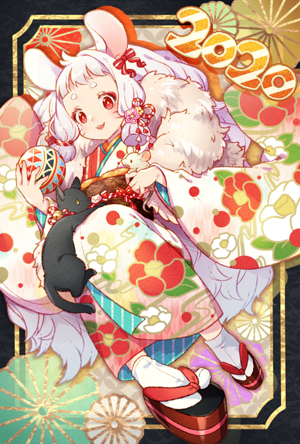 1girl 2020 animal_ears ball bangs blunt_ends bow chinese_zodiac floral_print full_body hair_bow japanese_clothes kimono long_hair maru-kichi mouse_ears nengajou new_year original print_kimono rat red_bow sandals sitting very_long_hair white_hair white_legwear wide_sleeves year_of_the_rat