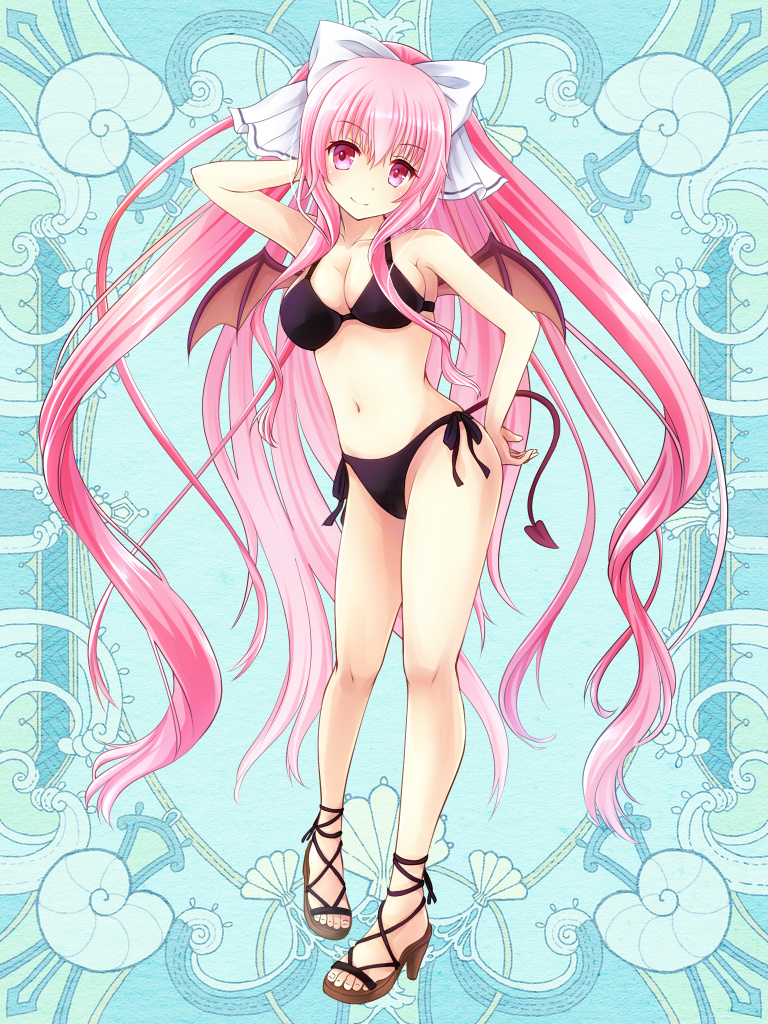 1girl anzu_mochiko arm_up bikini black_bikini blue_background bow breasts demon_tail full_body hair_bow hand_on_own_ass kerberos_blade long_hair navel pink_eyes pink_hair sandals simple_background small_breasts standing swimsuit tail very_long_hair white_bow wings