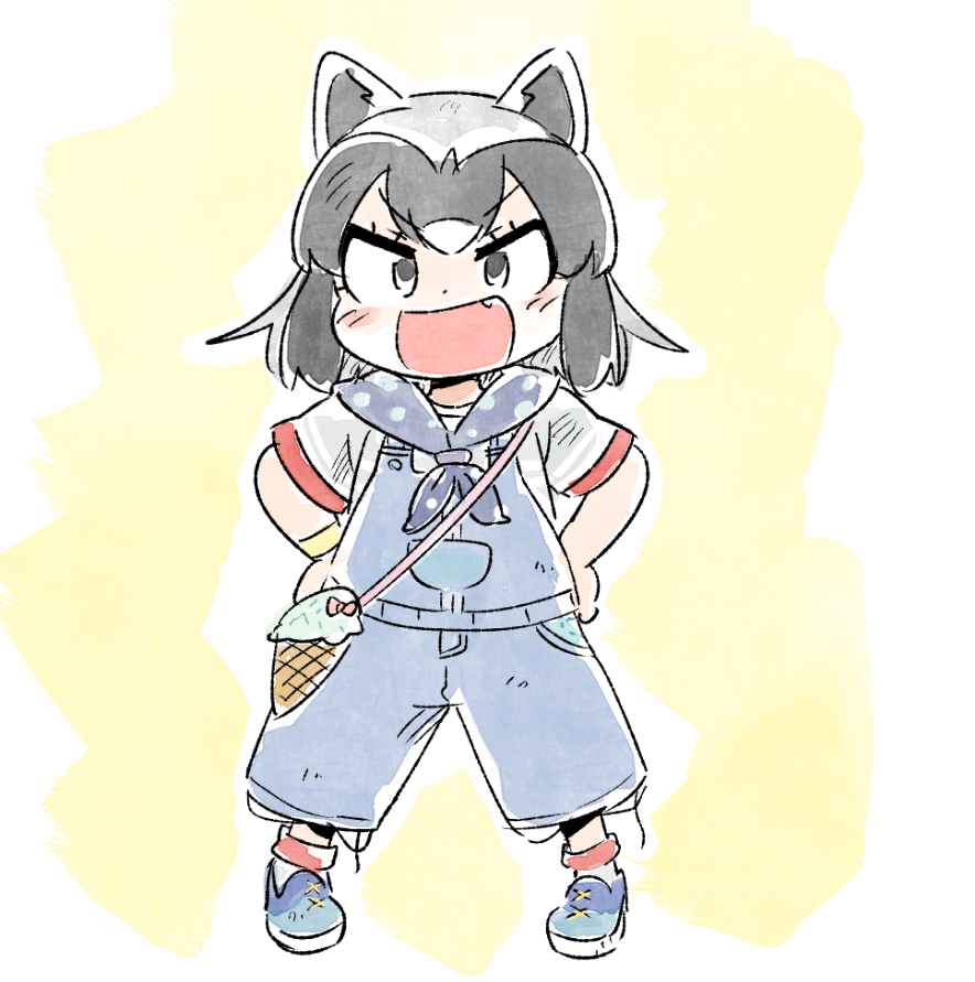 1girl :d alternate_costume animal_ears bangs black_eyes blush commentary common_raccoon_(kemono_friends) fang full_body grey_hair hand_on_hip kemono_friends legs_apart looking_at_viewer multicolored_hair open_mouth overall_shorts overalls panzuban raccoon_ears short_hair short_sleeves simple_background smile solo v-shaped_eyebrows yellow_background