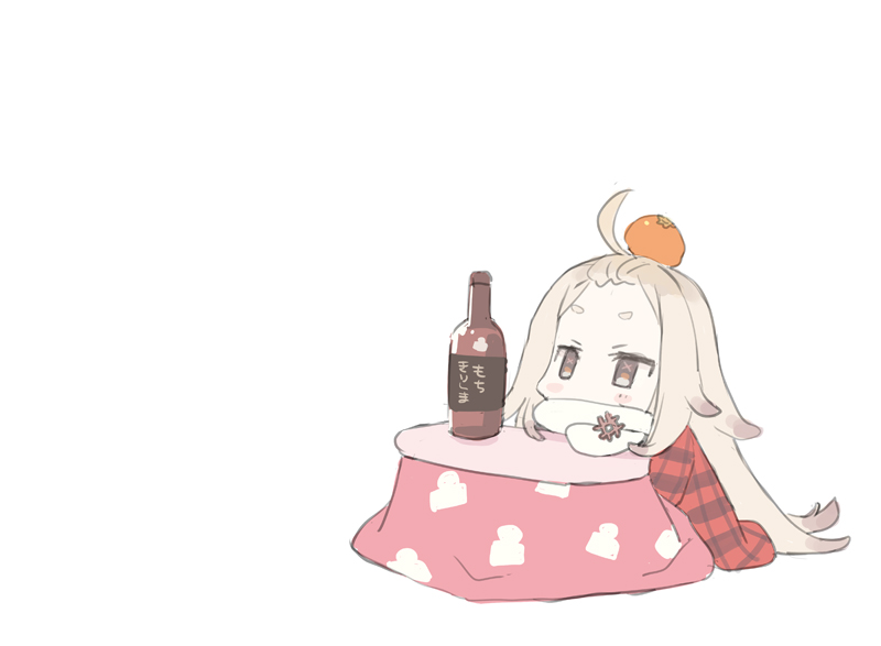 1girl ahoge blade_(galaxist) blush bottle brown_eyes chibi covered_mouth food food_on_head forehead fruit gradient_hair hanten_(clothes) kotatsu light_brown_hair long_hair mandarin_orange multicolored_hair object_on_head saigou_r_irori sana_channel scarf short_eyebrows simple_background solo table thick_eyebrows virtual_youtuber white_background