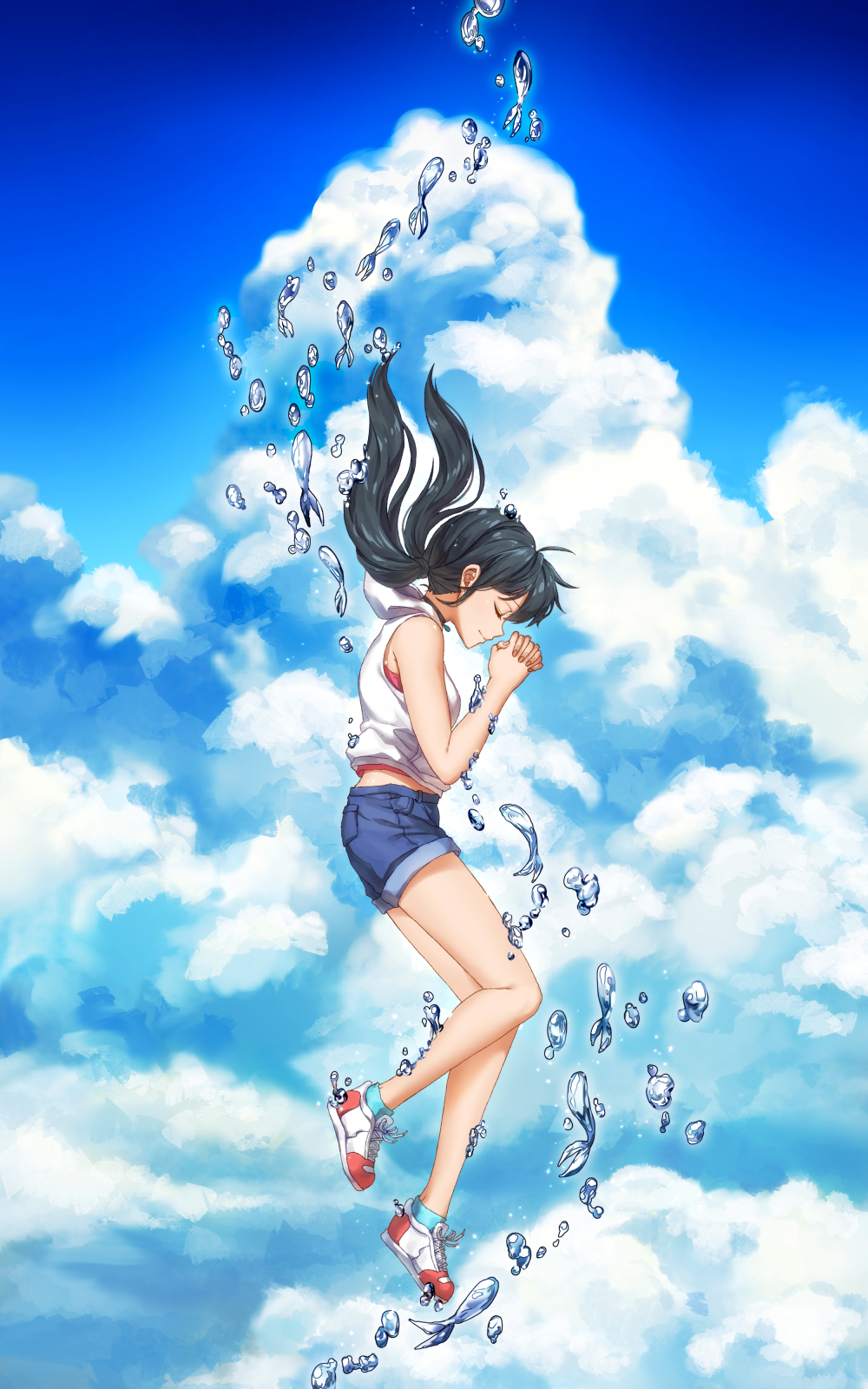 1girl aesice amano_hina_(tenki_no_ko) bare_shoulders black_choker black_hair blue_shorts choker closed_eyes clouds floating from_side full_body hands_together highres hood hood_down hoodie interlocked_fingers long_hair low_twintails own_hands_together pink_shirt praying shirt shoes short_shorts shorts sky sleeveless sleeveless_hoodie sleeveless_shirt smile sneakers socks solo tenki_no_ko twintails water_drop white_hoodie