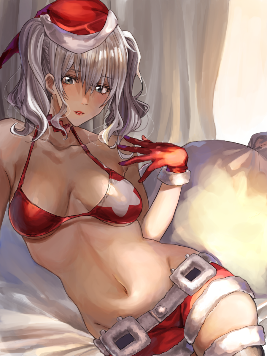 1girl amakaze blue_eyes blush breasts christmas eyebrows_visible_through_hair fur-trimmed_shorts fur_trim gloves hair_between_eyes hat highres kantai_collection kashima_(kantai_collection) large_breasts long_hair looking_at_viewer navel red_bikini_top red_gloves red_shorts santa_costume santa_hat short_shorts shorts silver_hair sitting smile solo thigh-highs twintails wavy_hair