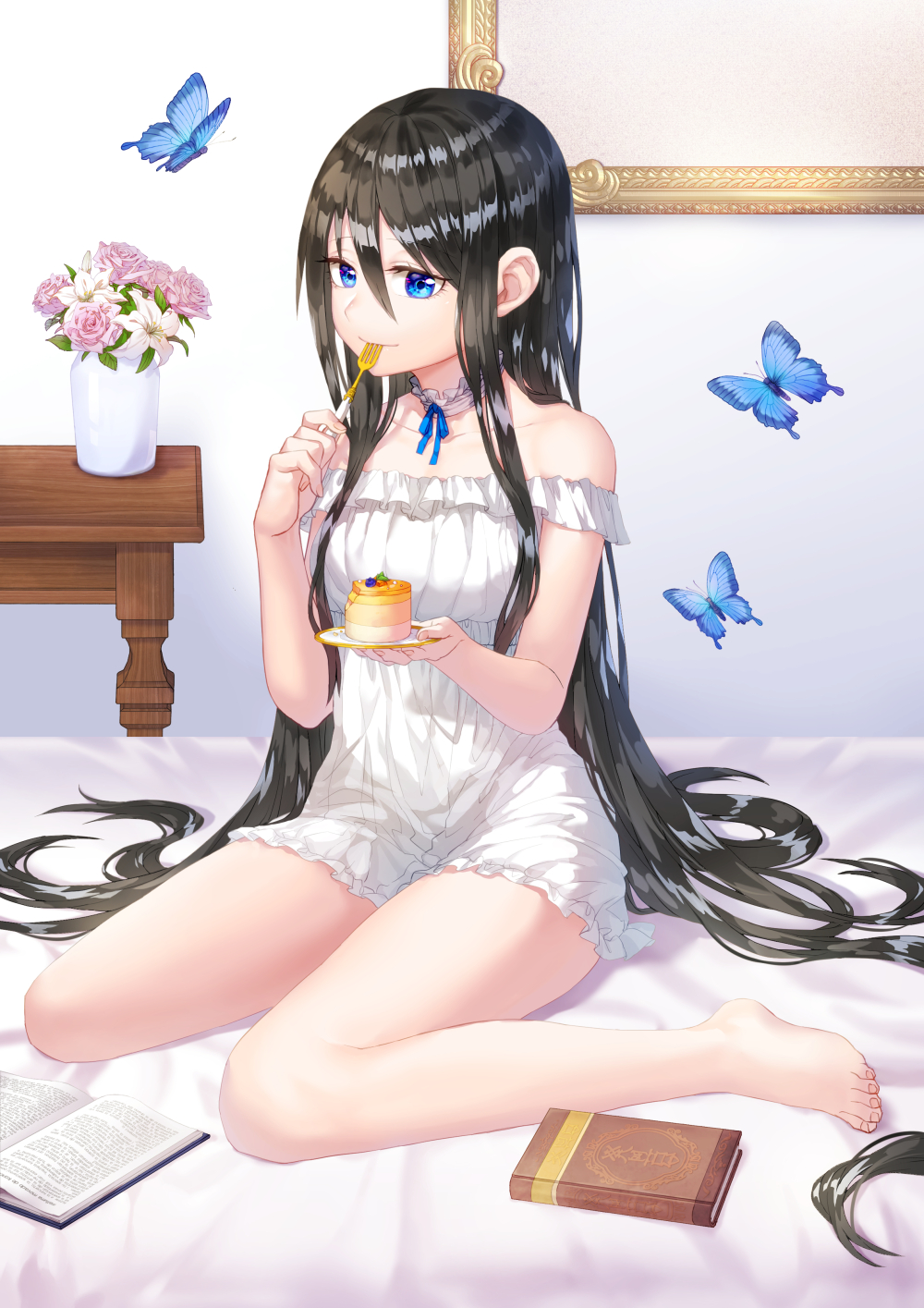 1girl aesice bare_shoulders barefoot black_hair blue_eyes book bug butterfly cake choker dress eating flower food fork frilled_choker frills hair_between_eyes highres holding_saucer insect legs long_hair looking_at_viewer off-shoulder_dress off_shoulder open_book original pink_flower saucer shiny shiny_hair sitting smile solo vase very_long_hair wariza white_choker white_dress