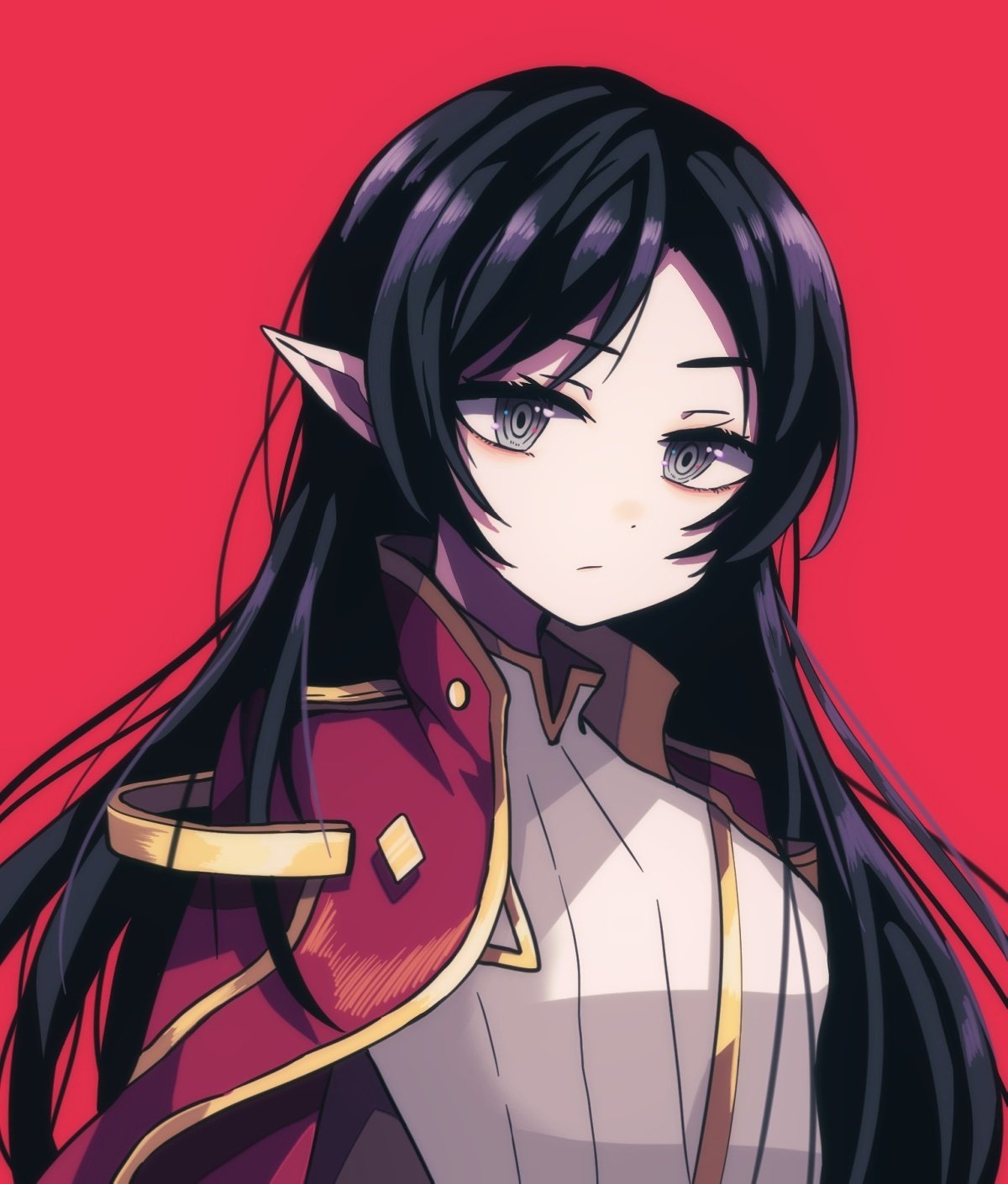 black_eyes black_hair cape highres long_hair looking_at_viewer maplestory pointy_ears shirt simple_background upper_body white_shirt young_young0_0