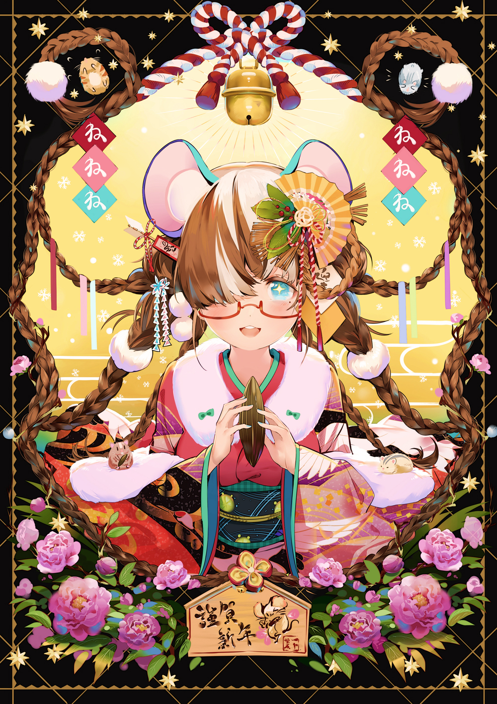 +_+ 1girl :d animal animal_ears bell blue_eyes blush braid brown_hair chinese_zodiac commentary_request egasumi ema flying_sweatdrops food glasses hair_over_one_eye highres holding holding_food japanese_clothes jingle_bell kimono long_hair long_sleeves mole mole_under_eye mouse mouse_ears multicolored_hair open_mouth original red-framed_eyewear red_kimono semi-rimless_eyewear smile solo two-tone_hair under-rim_eyewear upper_teeth very_long_hair white_hair wide_sleeves yamano_(yamanoh) year_of_the_rat