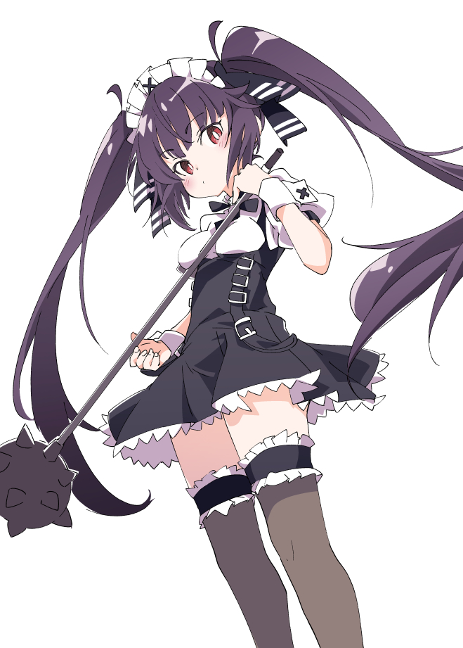 1girl belt black_hair black_legwear blush breasts dutch_angle golf_club hair_ornament hair_ribbon ixy kooh long_hair looking_at_viewer maid_headdress pangya red_eyes ribbon simple_background small_breasts solo spiked_mace thigh-highs twintails weapon white_background