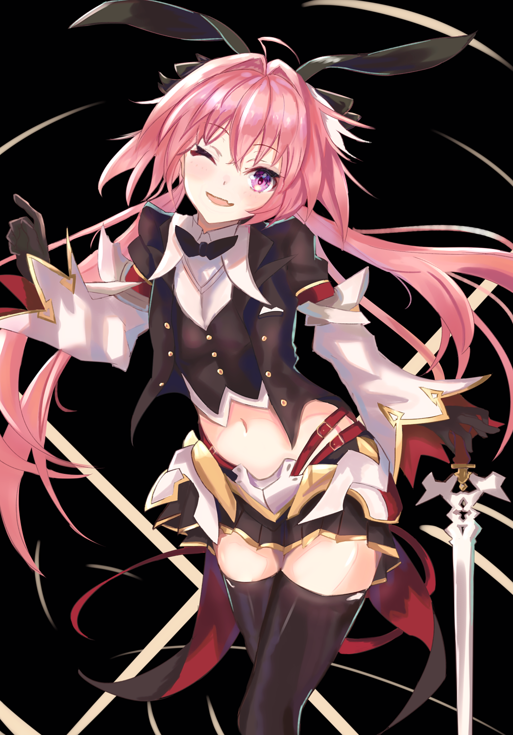 1boy astolfo_(fate) astolfo_(saber)_(fate) bangs black_bow black_gloves black_legwear black_ribbon blush bow bowtie commentary fate/apocrypha fate/grand_order fate_(series) gloves hair_bow hair_intakes hair_ribbon highres long_hair long_sleeves looking_at_viewer multicolored_hair navel one_eye_closed open_clothes otoko_no_ko panipo2501 pink_hair ribbon smile solo streaked_hair thigh-highs twintails violet_eyes white_hair