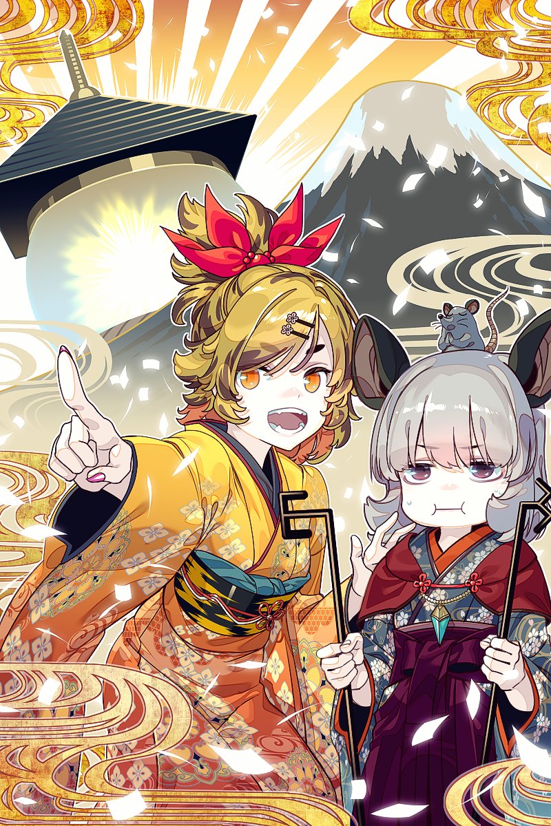 2girls :d :t alternate_costume animal animal_ears animal_on_head bangs bishamonten's_pagoda black_hair blonde_hair brown_eyes capelet commentary_request cowboy_shot dowsing_rod floral_print grey_hair grey_kimono hair_ornament hairclip half_updo highres holding japanese_clothes kimono looking_at_viewer mountain mouse mouse_ears multicolored_hair multiple_girls nail_polish nazrin obi on_head open_mouth orange_eyes orange_kimono pointing pointing_at_viewer purple_nails red_capelet sash smile standing streaked_hair swept_bangs toramaru_shou touhou zounose