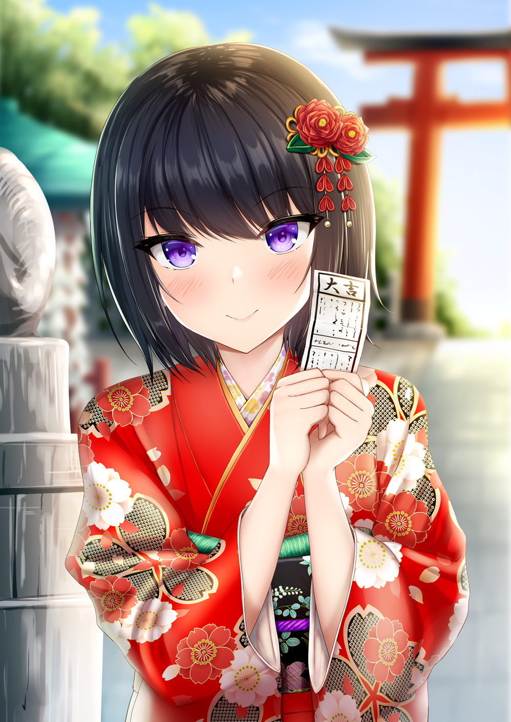 1girl black_hair blurry blurry_background blush closed_mouth commentary_request day depth_of_field floral_print flower hair_flower hair_ornament hands_up highres holding japanese_clothes kimono obi original outdoors print_kimono red_flower red_kimono sash short_hair smile solo taiki_ken torii upper_body violet_eyes wide_sleeves