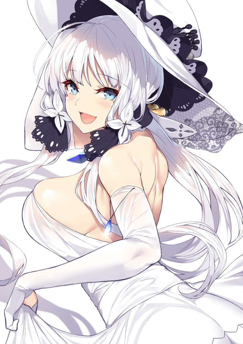 1girl azur_lane bangs blue_eyes blush breasts commentary_request dress elbow_gloves eyebrows_visible_through_hair gloves hair_ornament hair_ribbon hat highres illustrious_(azur_lane) large_breasts long_hair looking_at_viewer mole mole_under_eye ribbon smile solo white_dress white_gloves white_hair yappen