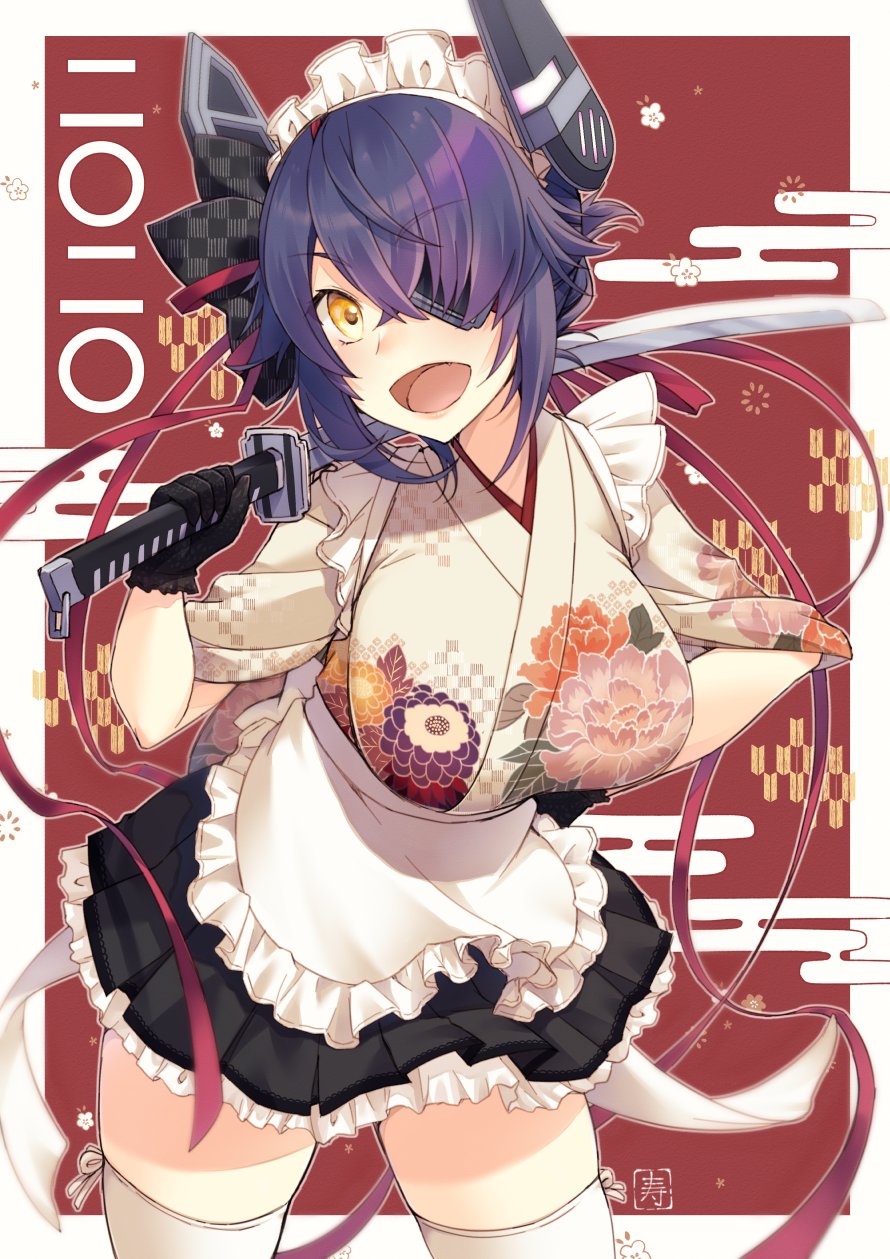 1girl alternate_costume apron black_gloves blush breasts brown_eyes eyebrows_visible_through_hair eyepatch gloves hair_over_one_eye highres japanese_clothes kantai_collection kimono kotobuki_(momoko_factory) large_breasts looking_at_viewer maid maid_apron maid_headdress open_mouth purple_hair short_hair smile solo tenryuu_(kantai_collection) thigh-highs white_legwear