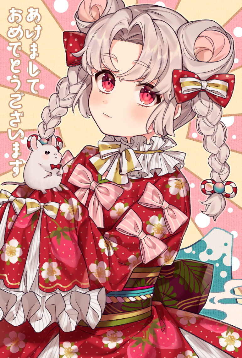 1girl animal bangs bow bowtie braid chinese_zodiac closed_mouth commentary_request double_bun eyebrows_visible_through_hair floral_print grey_hair hair_bow japanese_clothes karokuchitose kimono light_smile long_hair long_sleeves looking_at_viewer mouse nengajou new_year obi original parted_bangs pink_bow polka_dot polka_dot_bow print_kimono red_bow red_eyes red_kimono red_neckwear sash sleeves_past_fingers sleeves_past_wrists solo striped striped_bow sunburst sunburst_background translation_request twin_braids twintails upper_body year_of_the_rat