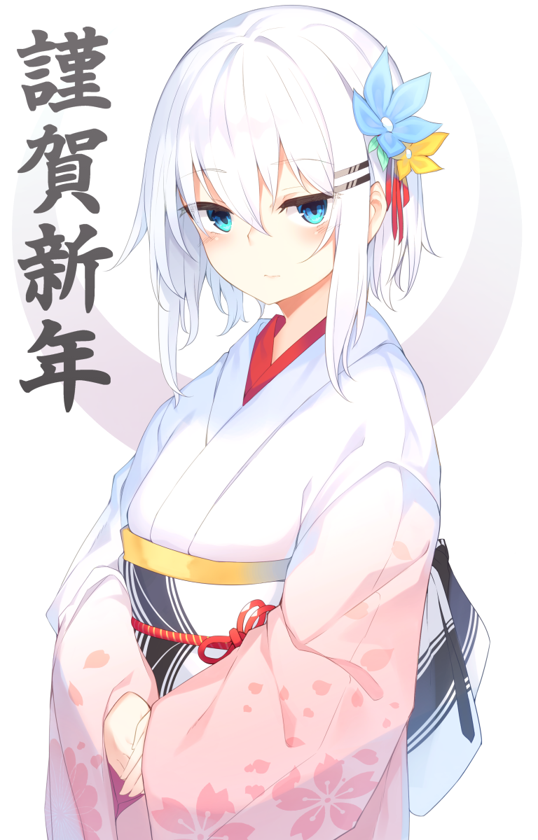 1girl bangs beige_kimono blue_eyes blue_flower blush commentary_request eyebrows_visible_through_hair flower hair_between_eyes hair_flower hair_ornament hair_ribbon hairclip highres japanese_clothes kimono looking_at_viewer original otokuyou red_ribbon ribbon ringo-chan_(otokuyou) short_hair simple_background solo translation_request white_background white_hair white_kimono yellow_flower