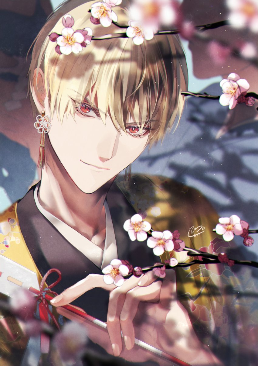 1boy arrow blonde_hair cherry_blossoms close-up earrings fate/stay_night fate_(series) gilgamesh hamaya highres japanese_clothes jewelry kimono looking_at_viewer male_focus red_eyes sakura_hitsuji solo