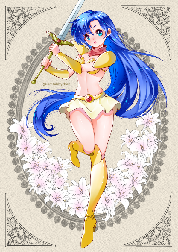 1girl armor asou_yuuko bikini_armor blue_eyes blue_hair boots flower full_body holding holding_sword holding_weapon knee_boots lily_(flower) long_hair looking_at_viewer mugen_senshi_valis red_scarf scarf shiny shiny_skin shoulder_armor skirt solo standing standing_on_one_leg sword tabby_chan twitter_username weapon white_skirt yellow_footwear