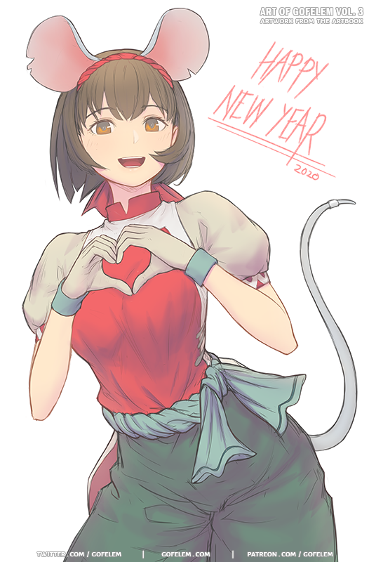 1girl 2020 :d animal_ears bangs breasts brown_eyes brown_hair cowboy_shot english_text gensou_suikoden gensou_suikoden_ii gloves hairband happy_new_year heart heart_hands leaning_forward looking_at_viewer marfrey medium_breasts mouse_ears mouse_tail nanami_(suikoden) new_year open_mouth pants puffy_short_sleeves puffy_sleeves sash shirt short_hair short_sleeves simple_background smile solo tail white_background