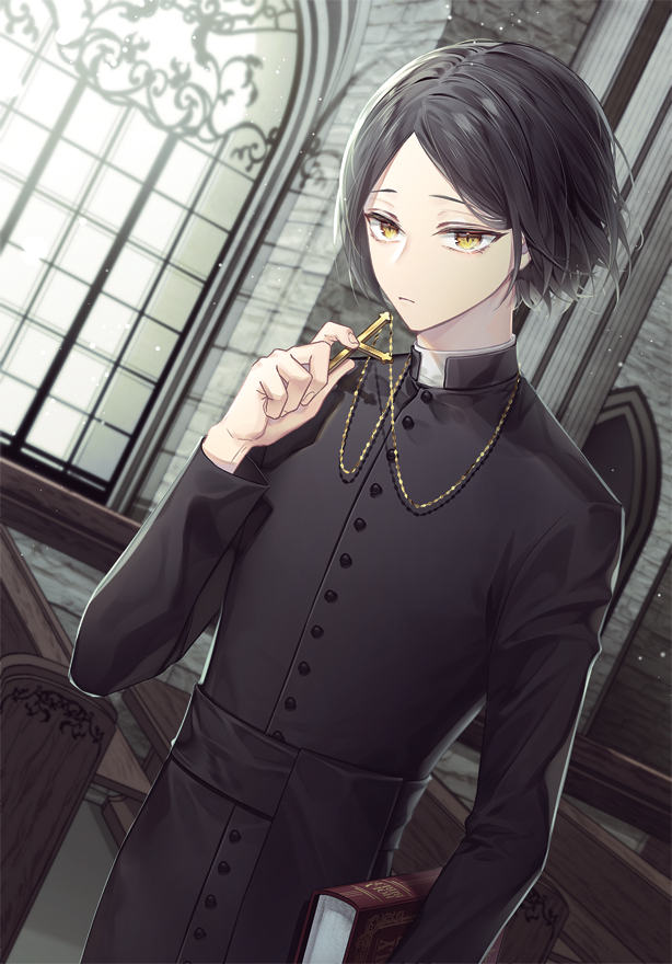 1boy arm_up bangs bible black_hair black_sash book buttons cassock closed_mouth collar cross cross_necklace day haikyuu!! hemoon holding holding_book holding_cross indoors jewelry kozume_kenma long_sleeves looking_at_viewer male_focus necklace parted_bangs pendant priest sash short_hair solo standing turtleneck window yellow_eyes
