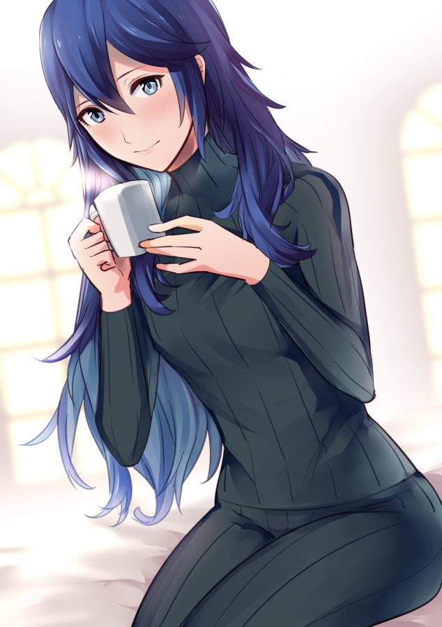 1girl ameno_(a_meno0) black_pants black_sweater blue_eyes blue_hair blush casual closed_mouth commentary_request cup fire_emblem fire_emblem_awakening hair_between_eyes holding holding_cup lips long_hair looking_at_viewer lucina lucina_(fire_emblem) mug pants ribbed_sweater sitting smile solo sweater turtleneck turtleneck_sweater