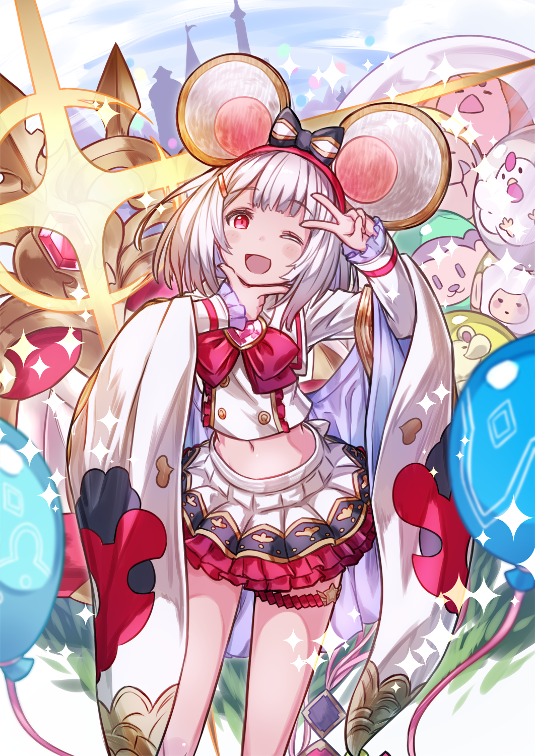 1girl ;d animal_ears balloon bangs bird blush_stickers bow chicken chin_stroking commentary_request dog eyebrows_visible_through_hair gem granblue_fantasy hair_bow hair_ornament hairclip heart highres kazana_(sakuto) long_sleeves looking_at_viewer midriff monkey mouse mouse_ears navel one_eye_closed open_mouth pig pleated_skirt red_bow red_eyes sheep shirt silver_hair skirt smile solo sparkle striped striped_bow v vikala_(granblue_fantasy) white_shirt white_skirt wide_sleeves