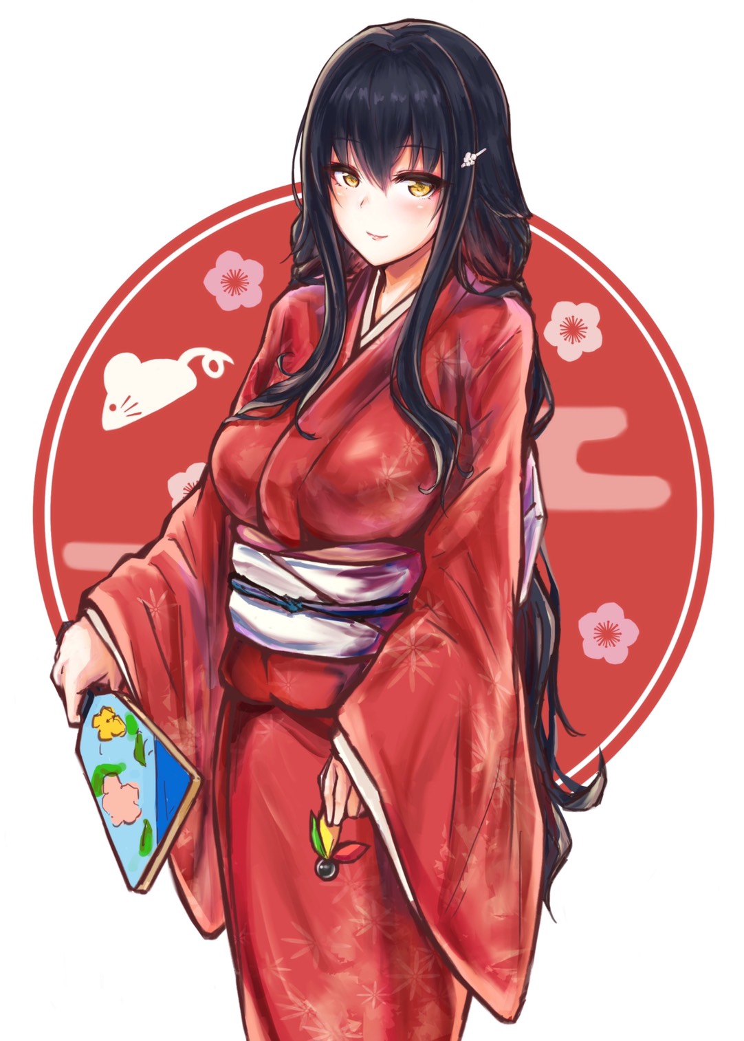 1girl azuma_(azur_lane) azur_lane bangs black_hair blush breasts closed_mouth commentary_request eyebrows_visible_through_hair hair_between_eyes hair_ornament hairclip head_tilt highres japanese_clothes kimono large_breasts long_hair long_sleeves looking_at_viewer obi realman red_kimono sash sidelocks smile solo standing very_long_hair wide_sleeves yellow_eyes