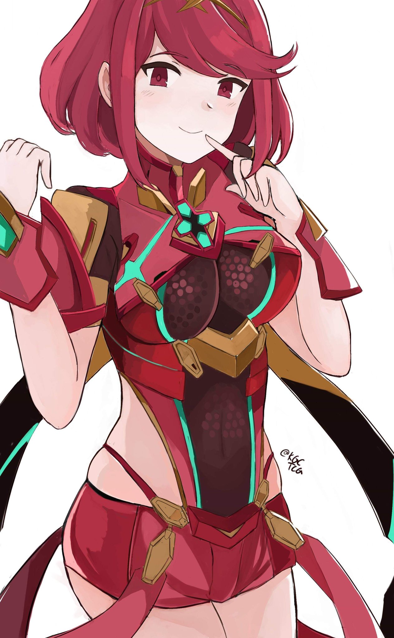 1girl armor bangs breasts covered_navel fingerless_gloves gloves highres pyra_(xenoblade) kgctcg large_breasts looking_at_viewer red_eyes red_shorts redhead short_hair short_shorts shorts shoulder_armor smile solo swept_bangs xenoblade_(series) xenoblade_2
