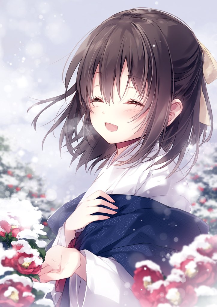 1girl :d ^_^ bangs blurry blurry_background blush bow breath brown_hair closed_eyes day depth_of_field eyebrows_visible_through_hair facing_viewer female_saniwa_(touken_ranbu) flower hair_between_eyes hair_bow hands_up japanese_clothes kimono long_sleeves miko mochizuki_shiina open_mouth outdoors overcast red_flower saniwa_(touken_ranbu) sayagata smile snow snowing solo touken_ranbu upper_body white_kimono wide_sleeves