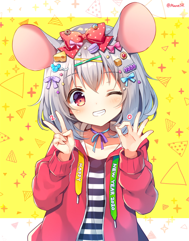 1girl 2020 animal_ears bangs blue_bow blush bow cheese_hair_ornament chinese_zodiac collarbone commentary_request drawstring eyebrows_visible_through_hair food_themed_hair_ornament grin hair_between_eyes hair_bow hair_ornament hairclip hands_up happy_new_year head_tilt hood hood_down hooded_jacket jacket long_sleeves looking_at_viewer macaron_hair_ornament mauve mouse_ears mouse_hair_ornament new_year one_eye_closed original pink_bow polka_dot polka_dot_bow purple_bow red_bow red_eyes red_jacket shirt silver_hair smile solo striped striped_shirt two-tone_background upper_body white_background year_of_the_rat yellow_background