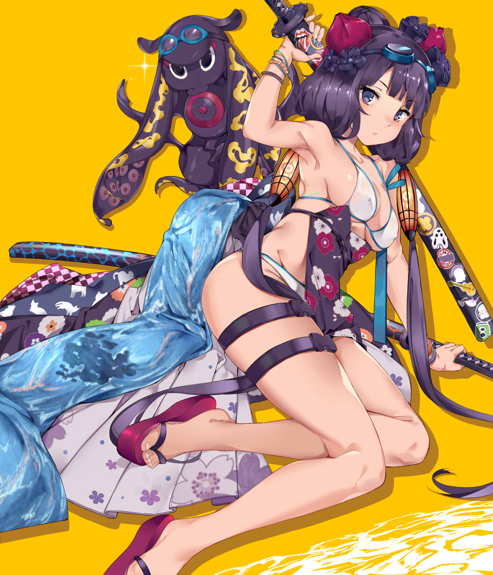 1girl arm_up armpits bangs bare_shoulders bikini blue_eyes blush breasts close-up closed_mouth collarbone commentary_request fate/grand_order fate_(series) feet floral_print flower goggles goggles_on_head hair_flower hair_ornament hidebuu katana katsushika_hokusai_(fate/grand_order) katsushika_hokusai_(swimsuit_saber)_(fate) legs looking_at_viewer medium_breasts obi octopus purple_hair sandals sash short_hair simple_background swimsuit sword thigh_strap thighs tokitarou_(fate/grand_order) weapon white_bikini yellow_background