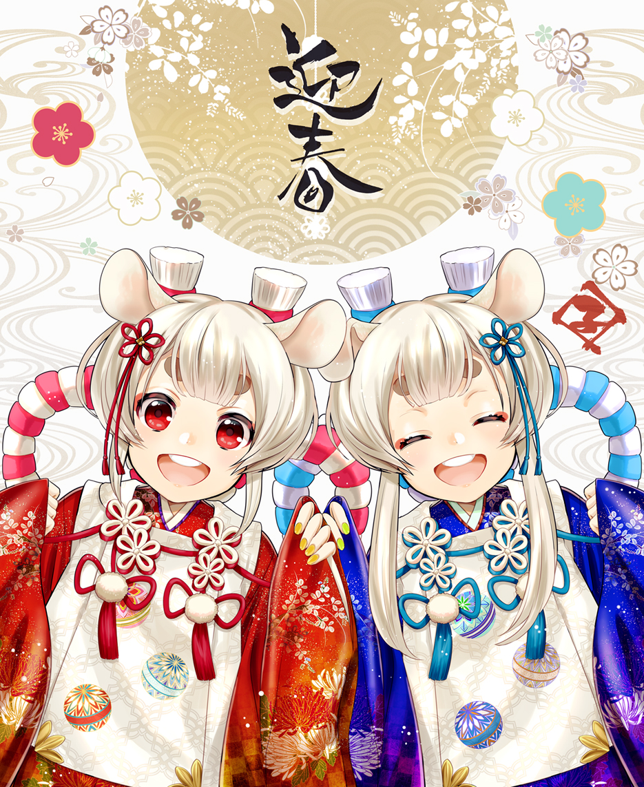 1boy 1girl :d ^_^ animal_ears chinese_zodiac closed_eyes flower green_nails hair_ornament houhou_(black_lack) japanese_clothes kariginu mouse_ears nengajou new_year open_mouth original red_eyes seigaiha short_hair_with_long_locks smile white_hair year_of_the_rat yellow_nails