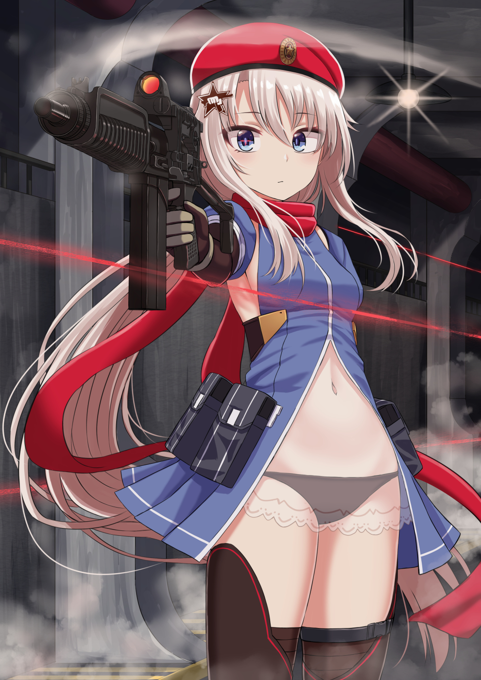 1girl 9a-91 9a-91_(girls_frontline) armpit_peek beret black_panties blue_dress blue_eyes brown_gloves brown_legwear closed_mouth cowboy_shot detached_sleeves dress finger_on_trigger girls_frontline gloves gun hat highres holding holding_gun holding_weapon laser long_hair looking_at_viewer low_ponytail navel object_namesake panties pouch rabochicken red_headwear see-through silver_hair smoke solo stomach thigh-highs underwear very_long_hair weapon