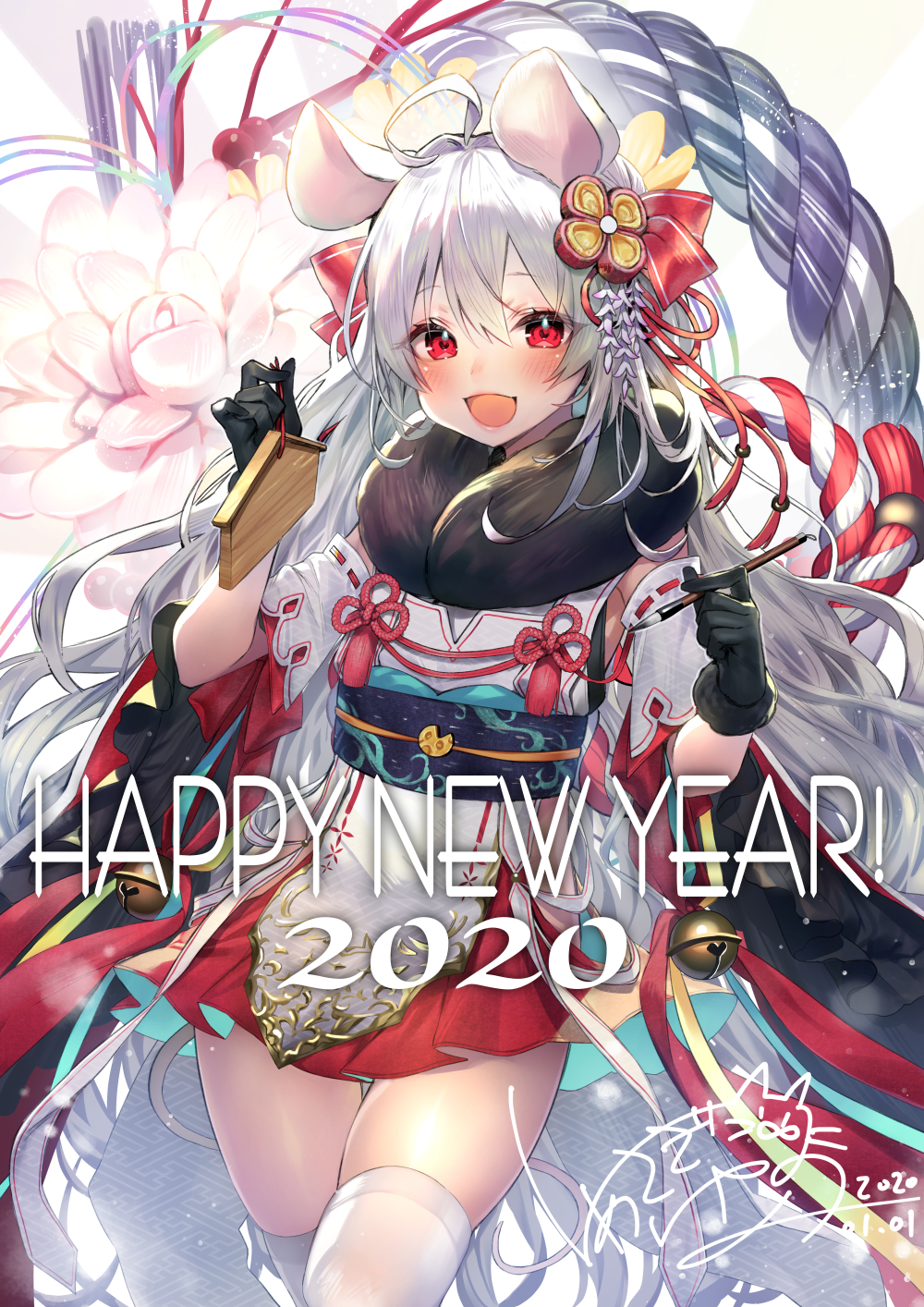 1girl 2020 ahoge animal_ears artist_logo bell black_gloves blush chinese_zodiac commentary cowboy_shot dated detached_sleeves english_text eyebrows_visible_through_hair flower fur_collar gloves hair_between_eyes hair_flower hair_ornament happy_new_year highres holding holding_paintbrush japanese_clothes kimono long_hair looking_at_viewer miniskirt mouse_ears mouse_girl mouse_tail new_year obi open_mouth original paintbrush red_eyes rope sash shimenawa shirako_sei short_sleeves signature skirt solo tail thigh-highs very_long_hair white_hair white_legwear year_of_the_rat zettai_ryouiki