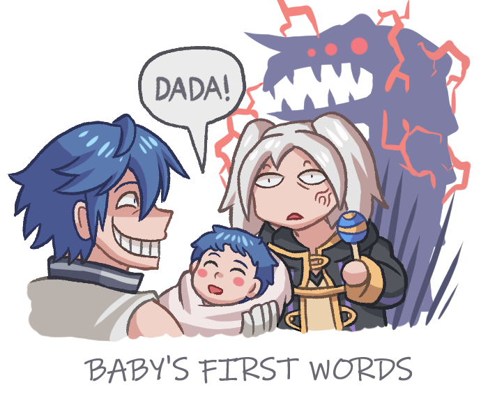 1girl 2boys aura ayyk92 blue_hair blush chrom_(fire_emblem) dark_aura english_text fire_emblem fire_emblem_awakening grima_(fire_emblem) grin morgan_(fire_emblem) morgan_(fire_emblem)_(male) multiple_boys rattle robe robin_(fire_emblem) robin_(fire_emblem)_(female) smile