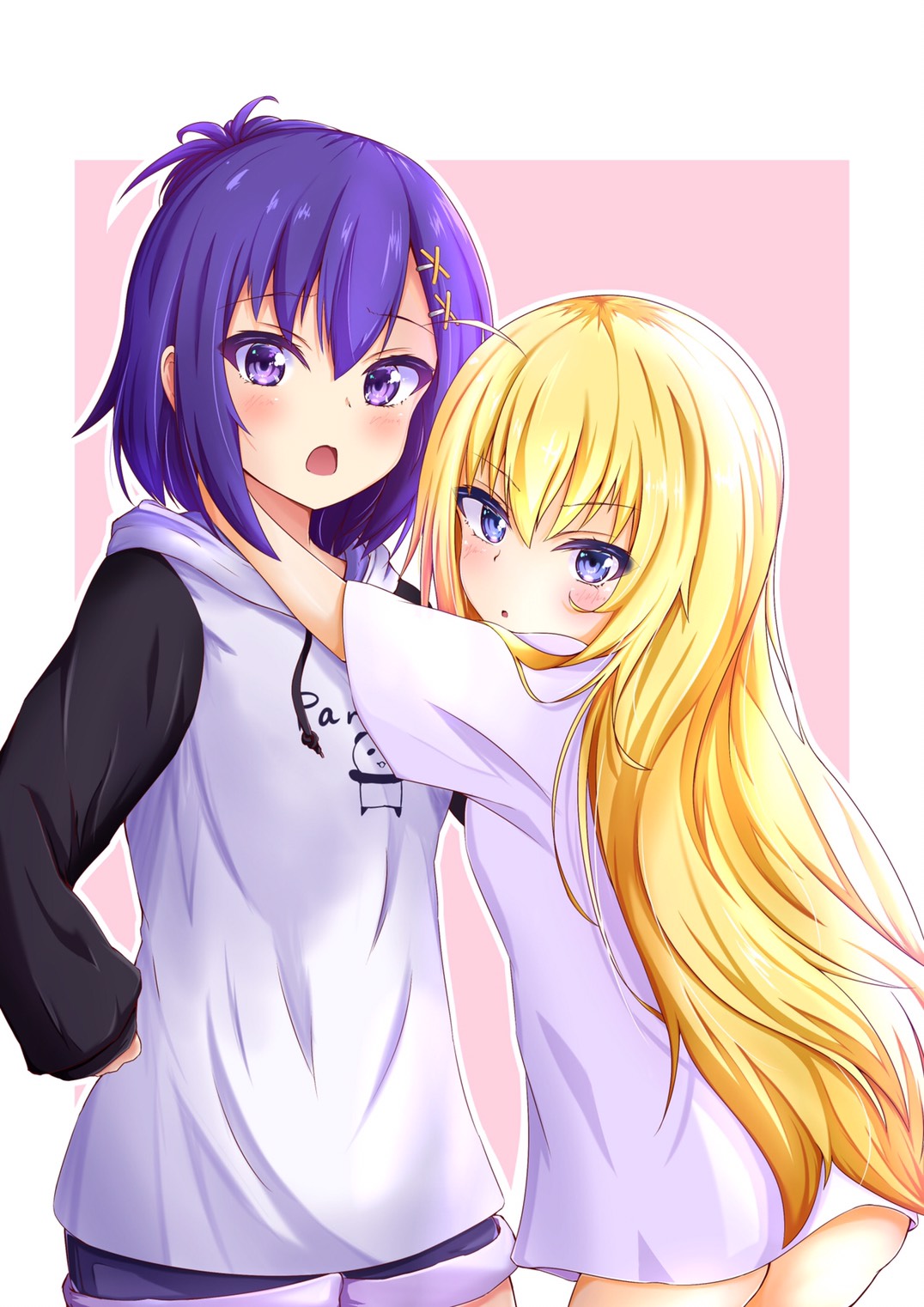 2girls ahoge amonndo7 ass blonde_hair blue_eyes blush character_print clothes_writing commentary_request drawstring eyebrows_visible_through_hair gabriel_dropout hair_between_eyes hair_ornament highres hood hoodie long_hair looking_at_viewer multiple_girls open_mouth outline parted_lips pink_background purple_hair shirt shorts sleeves_past_wrists standing tenma_gabriel_white tsukinose_vignette_april very_long_hair violet_eyes white_outline white_shirt x_hair_ornament
