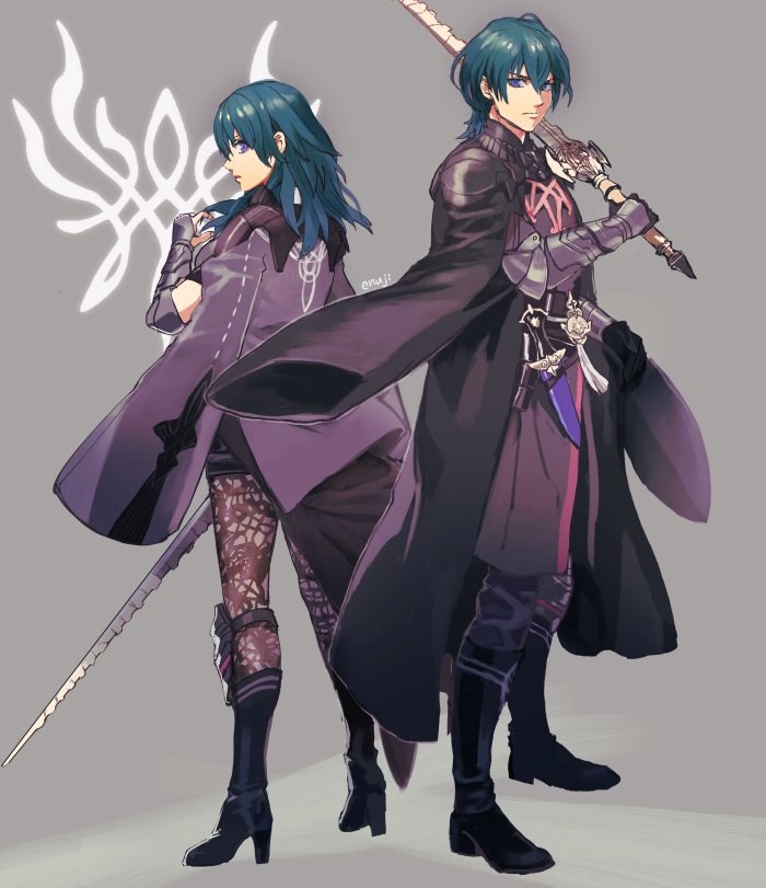 1boy 1girl armor artist_name blue_eyes blue_hair byleth_(fire_emblem) byleth_eisner_(female) byleth_eisner_(male) cape closed_mouth dagger fire_emblem fire_emblem:_three_houses from_side grey_background high_heels holding holding_sword holding_weapon medium_hair ng_enuji pantyhose sheath sheathed short_hair simple_background sword weapon