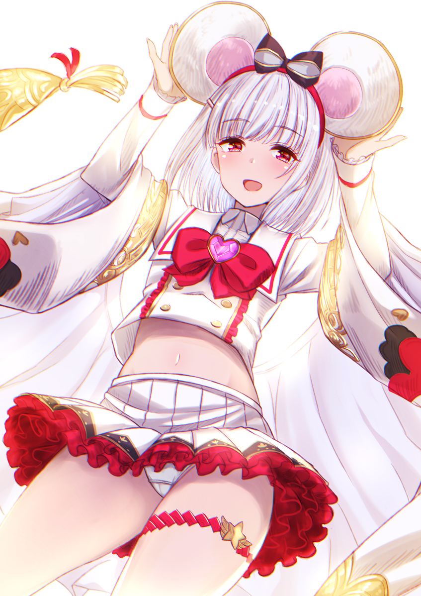 1girl :d akai_kagerou animal_ears arms_up bangs blunt_bangs brooch commentary_request eyebrows_visible_through_hair frilled_skirt frills granblue_fantasy hairband heart jewelry leg_garter long_sleeves looking_at_viewer midriff navel open_mouth panties rat_ears red_eyes red_hairband short_hair simple_background skirt smile solo underwear vikala_(granblue_fantasy) white_background white_hair white_panties white_skirt wide_sleeves