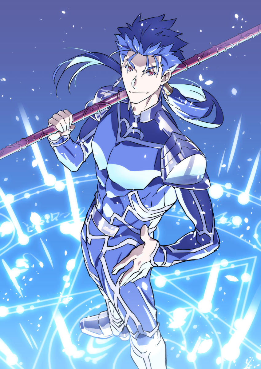 blue_hair cu_chulainn_(fate)_(all) earrings fate/stay_night fate_(series) full_body gae_bolg highres jewelry kon_manatsu lancer looking_at_viewer magic magic_circle pauldrons polearm ponytail red_eyes spear standing weapon