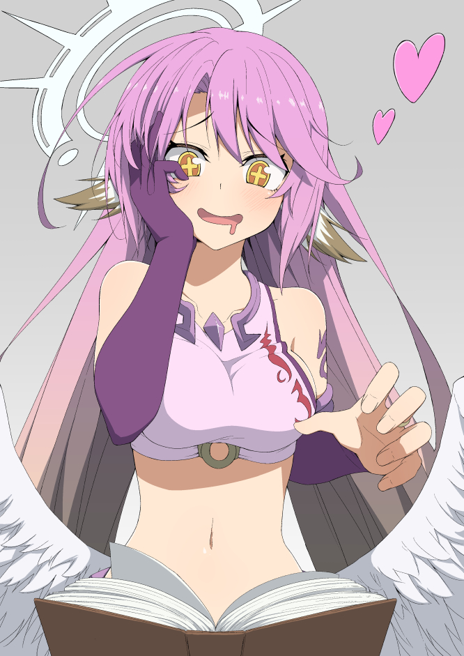 1girl arm_tattoo bangs bare_shoulders blush book breasts collarbone crop_top drooling elbow_gloves feathered_wings foreshortening gloves grey_background grey_hair hair_between_eyes halo hand_on_own_cheek jibril_(no_game_no_life) long_hair looking_at_viewer low_wings medium_breasts multicolored multicolored_eyes multicolored_hair navel no_game_no_life open_book open_mouth orange_eyes pink_hair purple_gloves salpin shiny shiny_hair single_bridal_gauntlet smile solo symbol-shaped_pupils tattoo tongue upper_body very_long_hair wings yellow_eyes