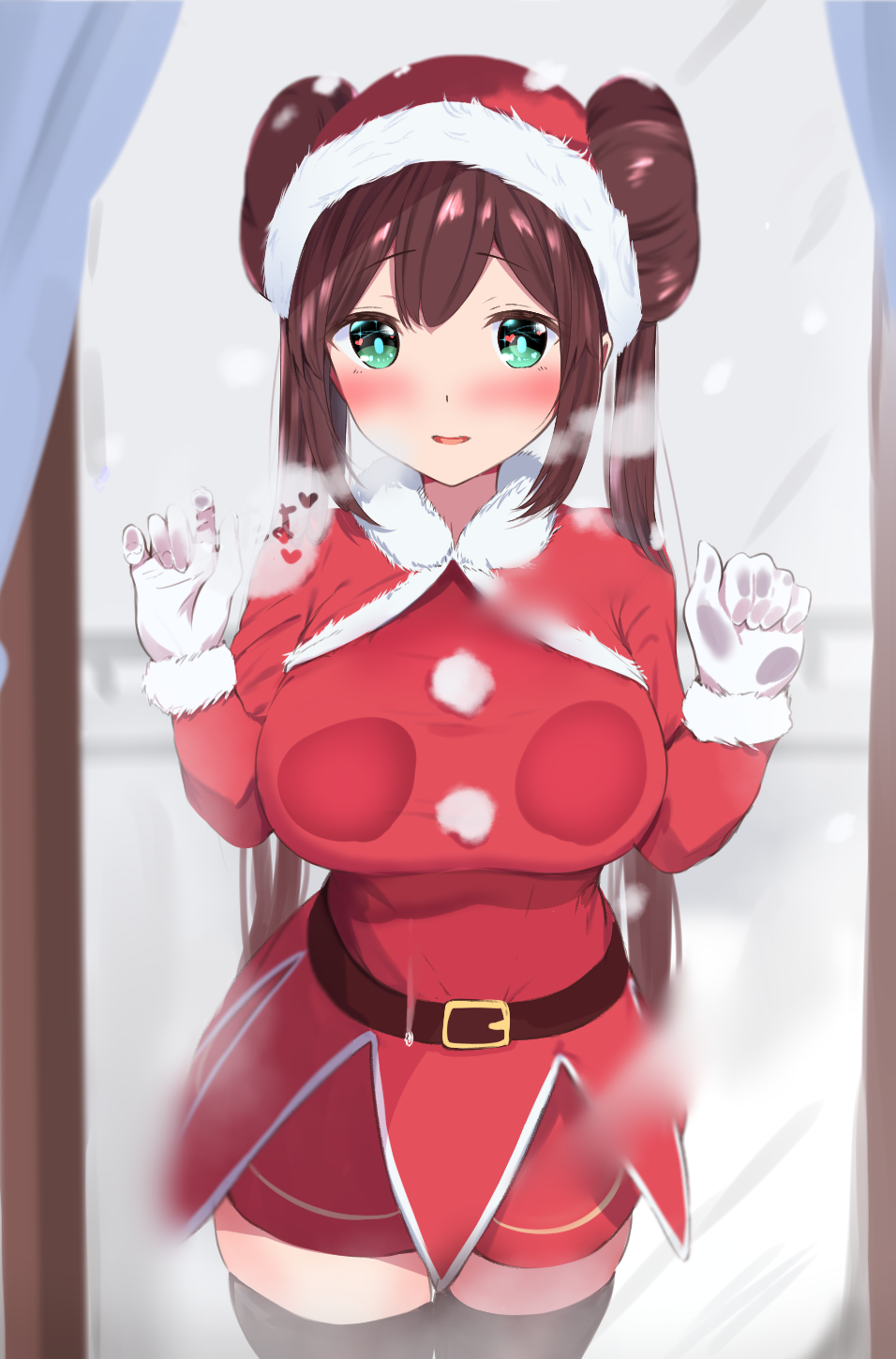 1girl against_glass bangs belt black_legwear blue_eyes blush breasts brown_hair capelet curtains double_bun gloves hat heavy_breathing highres large_breasts long_hair looking_at_viewer macchazuki mei_(pokemon) open_mouth pokemon pokemon_(game) pokemon_bw2 santa_costume santa_hat smile solo thigh-highs twintails white_gloves