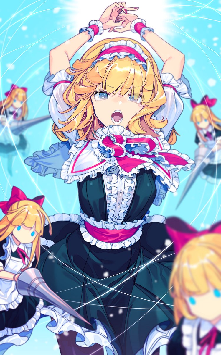 5girls alice_margatroid apron arms_up bangs black_legwear blonde_hair blue_background blue_dress blue_eyes blurry capelet center_frills commentary_request cowboy_shot dress eyebrows_visible_through_hair frilled_apron frilled_capelet frilled_hairband frilled_sash frills hairband highres holding holding_lance holding_weapon lance lolita_hairband long_hair looking_at_viewer multiple_girls nail_polish open_mouth pantyhose petticoat pink_hairband pink_neckwear pink_sash polearm puffy_short_sleeves puffy_sleeves puppet_strings red_nails sash shanghai_doll shirt short_hair short_sleeves touhou weapon white_apron white_capelet white_shirt wrist_cuffs zounose