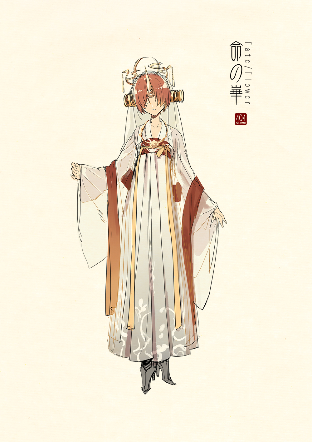 adapted_costume artist_name bangs beige_background character_request chinese_clothes concept_art copyright_name covered_eyes facing_viewer fate/grand_order fate_(series) fengguan flat_chest frankenstein's_monster_(fate) full_body grey_footwear hair_over_eyes hanfu headgear high_heels highres horn jewelry logo long_sleeves necklace parted_lips redhead ribbon robe sash see-through shawl short_hair simple_background sleeves_past_wrists solo standing veil wide_sleeves zerocastle