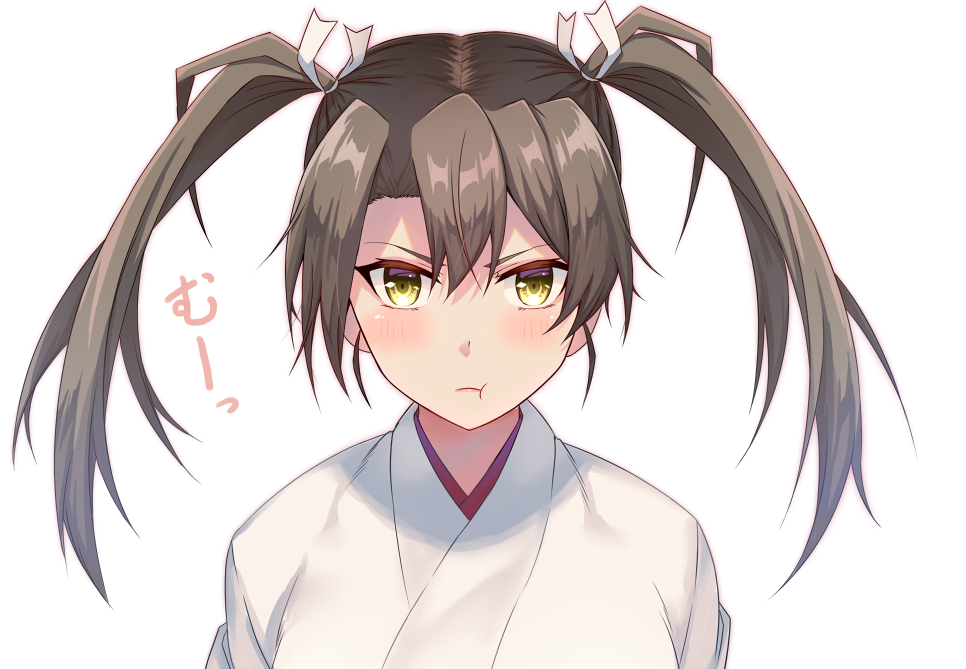 1girl blush commentary_request dark_green_hair hair_ribbon japanese_clothes kantai_collection long_hair looking_at_viewer ohiya pout ribbon simple_background solo twintails upper_body white_background white_ribbon yellow_eyes zuikaku_(kantai_collection)