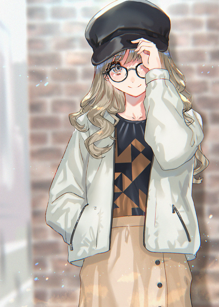 1girl adjusting_clothes adjusting_hat blonde_hair cabbie_hat collarbone glasses hand_in_pocket hat highres looking_at_viewer original outdoors ran'ou_(tamago_no_kimi) smile solo yellow_eyes