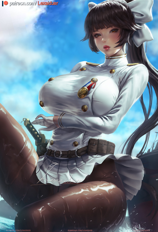 1girl azur_lane belt black_hair blush bow breasts clouds gloves hair_bow katana large_breasts lexaiduer lips long_hair miniskirt panties panties_under_pantyhose pantyhose partially_submerged patreon_username pleated_skirt pouch skirt sky solo sword takao_(azur_lane) underwear water weapon wet white_bow wind