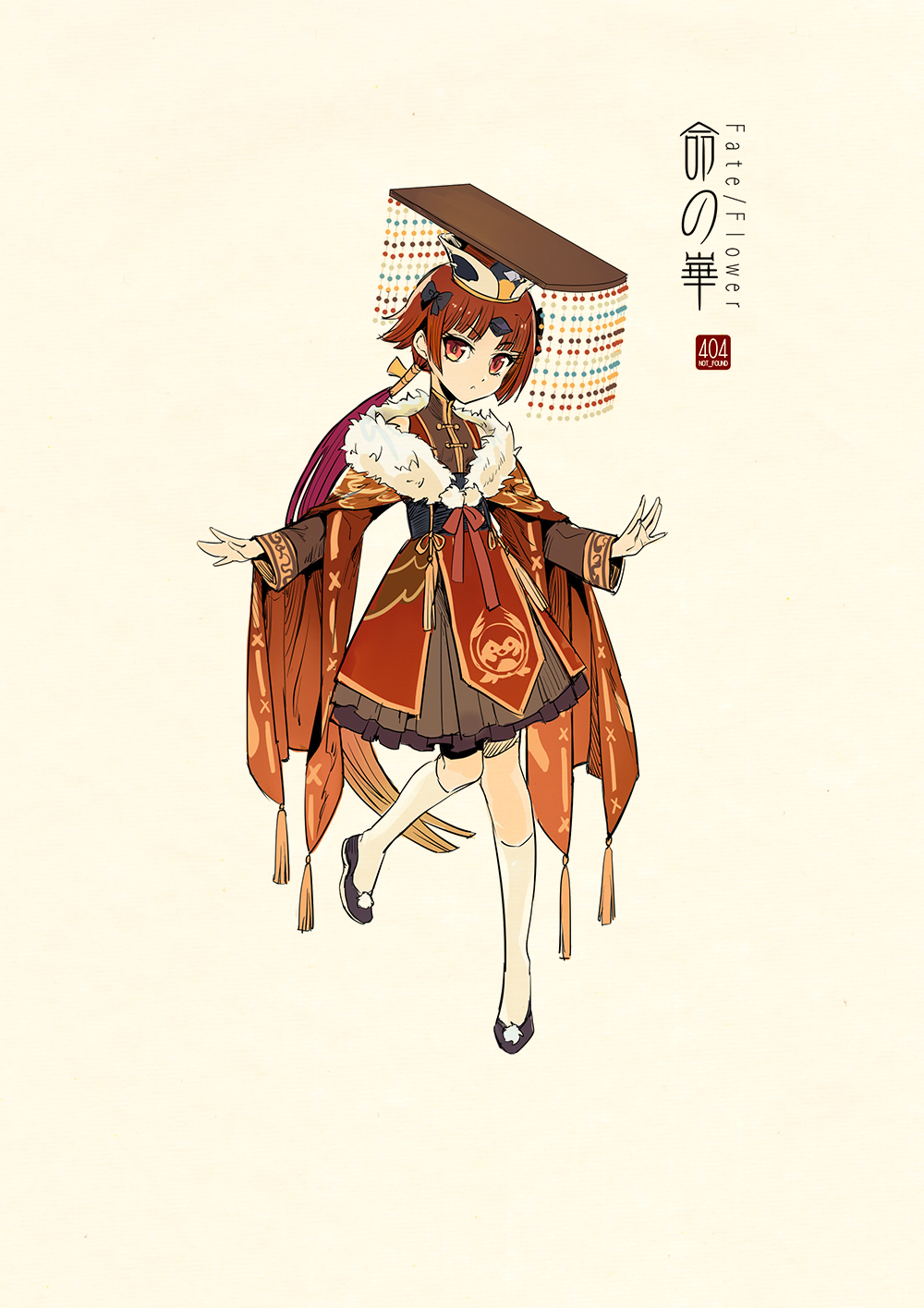 1girl :o adapted_costume artist_name bangs bare_shoulders beige_background black_bow bow character_request chinese_clothes concept_art copyright_name dress fate/grand_order fate_(series) flats forehead_jewel full_body fur_trim gradient_hair hair_bow hanfu highres kneehighs layered_sleeves logo long_hair long_sleeves looking_at_viewer low_ponytail mian_guan multicolored_hair outstretched_arms pom_pom_(clothes) ponytail red_eyes redhead ribbon robe sash simple_background solo standing standing_on_one_leg tassel very_long_hair white_legwear wide_sleeves zerocastle