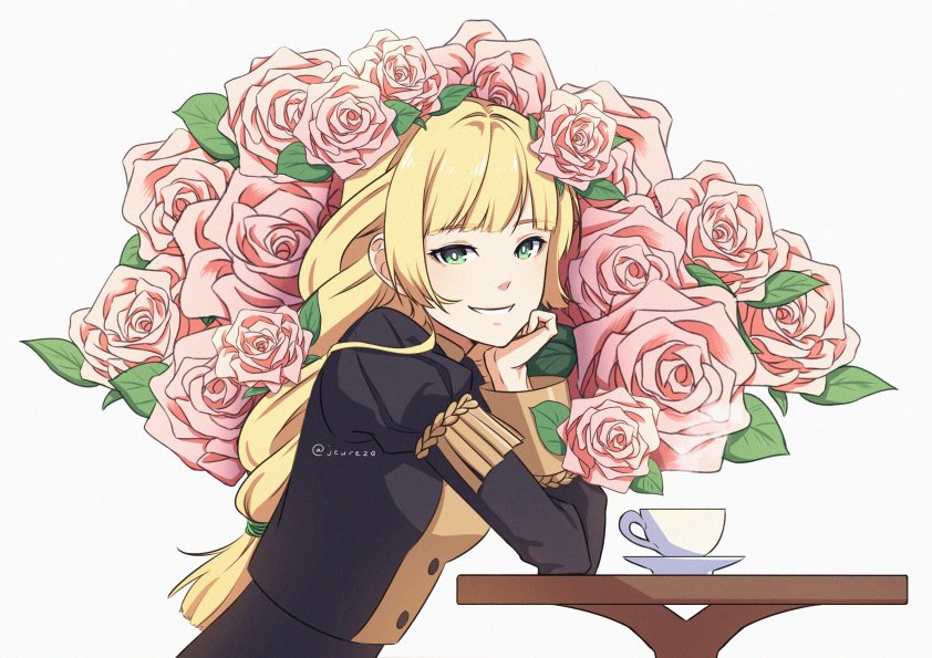 1girl aequorine blonde_hair cup fire_emblem fire_emblem:_three_houses flower from_side garreg_mach_monastery_uniform green_eyes ingrid_brandl_galatea long_hair long_sleeves looking_to_the_side simple_background solo table teacup twitter_username uniform white_background