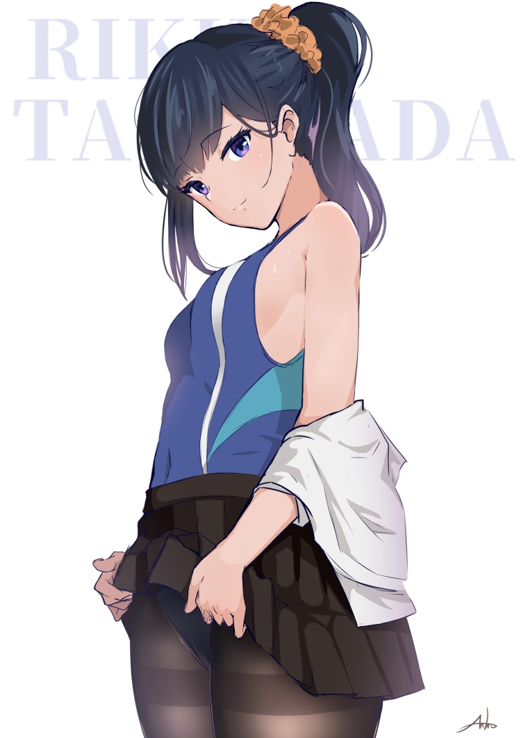 1girl anho background_text bangs bare_shoulders black_hair black_legwear black_skirt blue_eyes blue_swimsuit blush breasts character_name closed_mouth competition_swimsuit covered_navel cowboy_shot eyebrows_visible_through_hair hair_ornament hair_scrunchie lifted_by_self long_hair long_sleeves looking_at_viewer medium_breasts miniskirt off_shoulder one-piece_swimsuit open_clothes open_shirt pantyhose pleated_skirt ponytail scrunchie shirt sideboob skirt skirt_lift smile solo ssss.gridman swimsuit swimsuit_under_clothes takarada_rikka thighband_pantyhose undressing white_background white_shirt