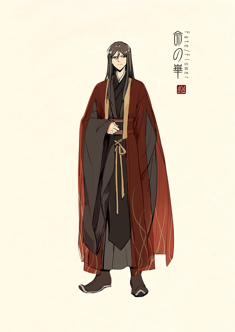 1boy adapted_costume arm_at_side artist_name beige_background black_footwear black_hair boots character_request chinese_clothes cloak closed_mouth concept_art copyright_name fate/grand_order fate_(series) frown full_body hair_between_eyes hanfu highres logo long_hair long_sleeves looking_at_viewer male_focus ribbon robe sash simple_background sleeves_past_fingers sleeves_past_wrists solo standing wide_sleeves zerocastle