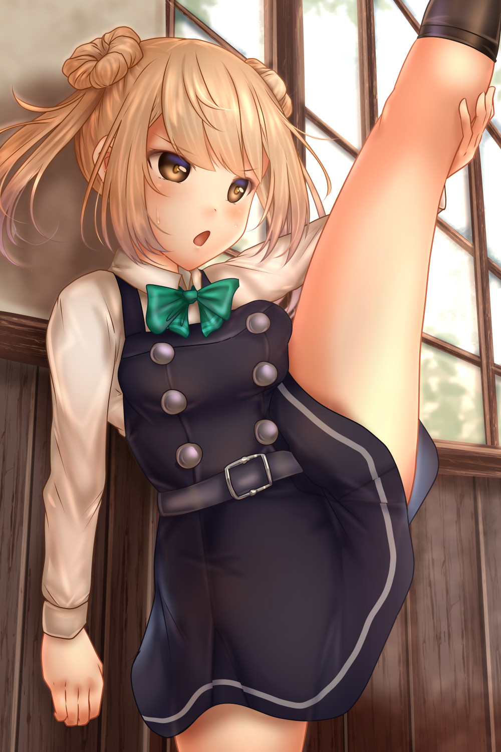 1girl double_bun dress hair_bun highres indoors kantai_collection leg_lift leg_up light_brown_hair long_sleeves michishio_(kantai_collection) pinafore_dress remodel_(kantai_collection) shirt short_twintails shounen_(hogehoge) solo split standing standing_on_one_leg standing_split twintails white_shirt window yellow_eyes