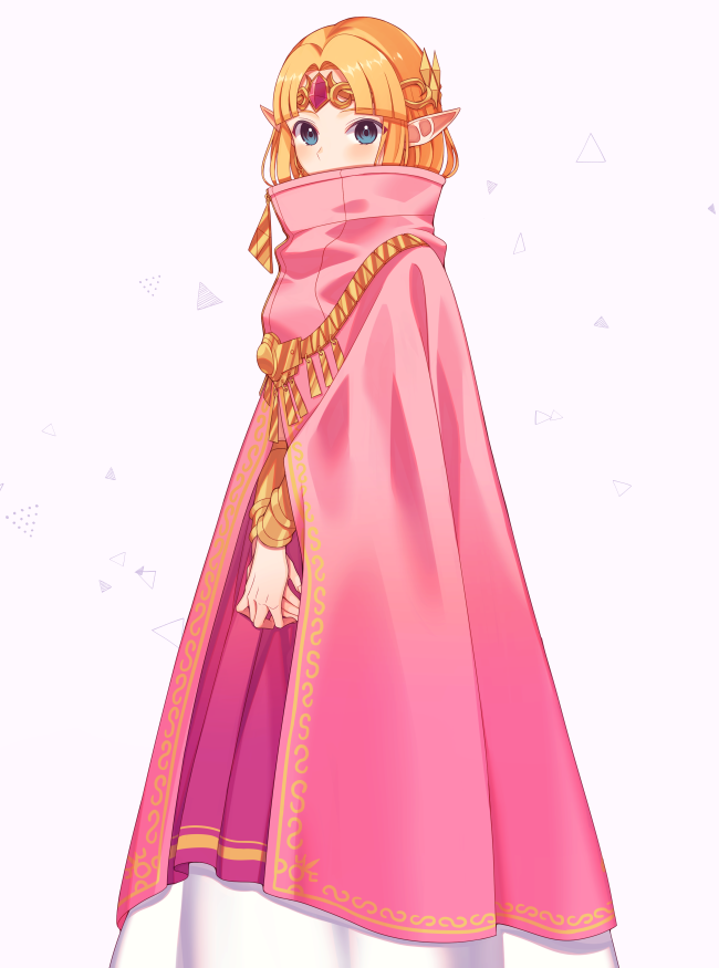 1girl bangs bitikara blonde_hair blue_eyes blush bracer circlet cloak commentary_request dress eyebrows_visible_through_hair feet_out_of_frame forehead_jewel gem grey_background high_collar layered_dress long_hair own_hands_together parted_bangs pointy_ears princess_zelda ruby_(gemstone) simple_background solo standing super_smash_bros. the_legend_of_zelda the_legend_of_zelda:_a_link_between_worlds the_legend_of_zelda:_a_link_to_the_past triangle triforce