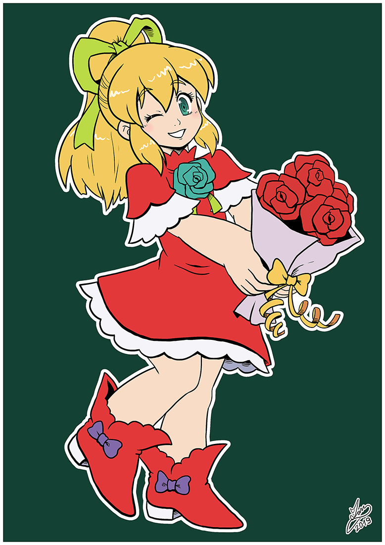 1girl android blonde_hair blush bouquet capcom dress eyebrows_visible_through_hair flower full_body green_eyes hair_between_eyes hair_ribbon high_ponytail holding holding_bouquet ian_dimas_de_almeida long_hair one_eye_closed ponytail red_dress red_footwear ribbon rockman rockman_(classic) roll sidelocks signature simple_background smile solo